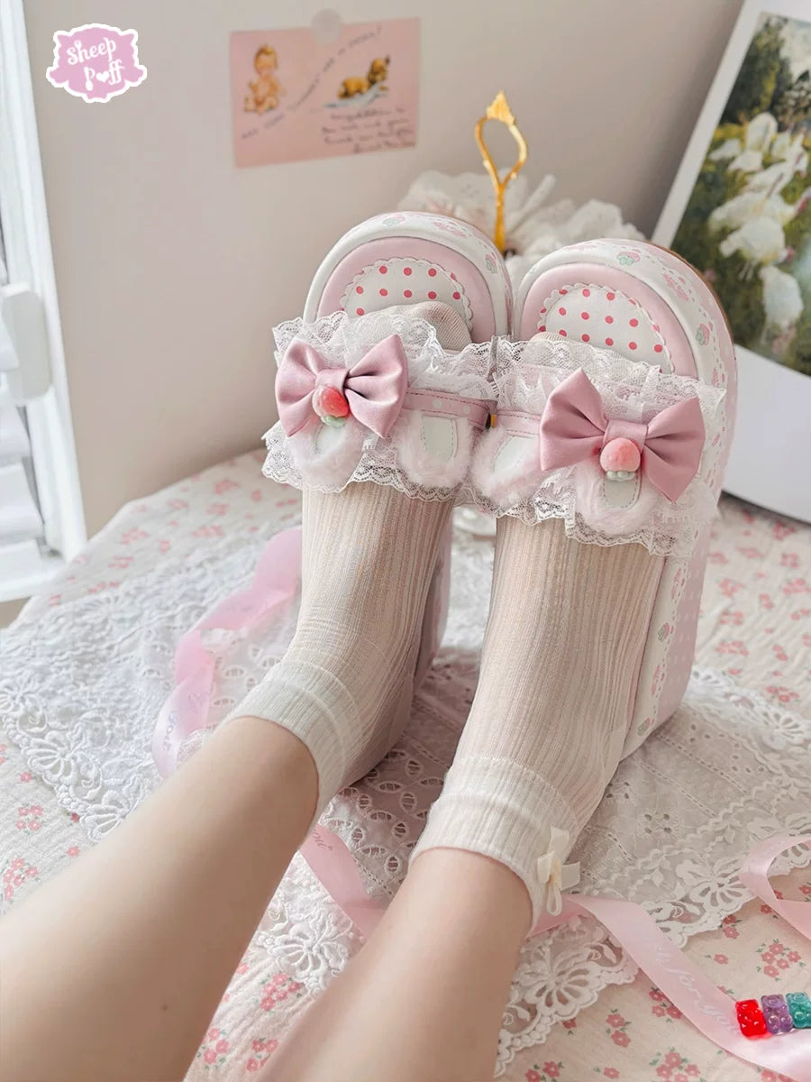 Sheep Puff Strawberry Bunny Platform Lolita Shoes with pink and white design, featuring cute bunny and strawberry details.