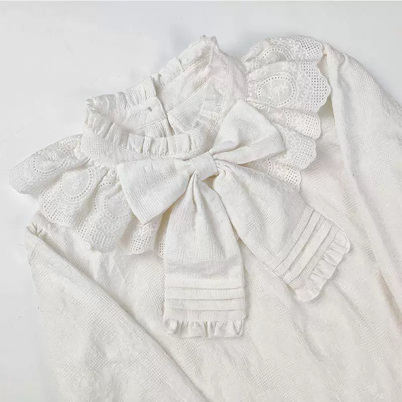 Sweetheart Dream Machine - Ruffle Bow - High-Neck Jacquard Blouse with a Centered Bow