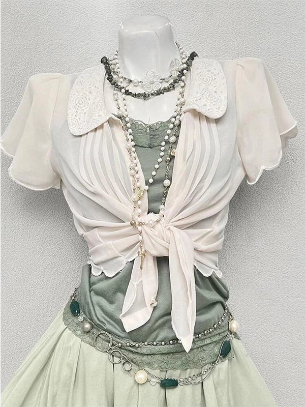 Creamy - Mint Lime - Apricot Cardigan Three-Piece Skirt Set