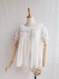 Yilia - Square Lace Bib - Loose Puff Sleeve Chiffon Blouse - M / White