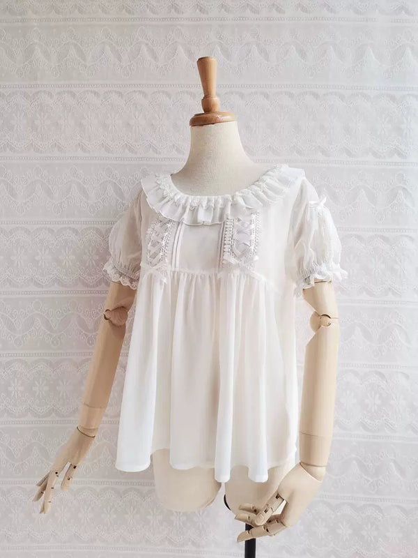 Yilia - Square Lace Bib - Loose Puff Sleeve Chiffon Blouse