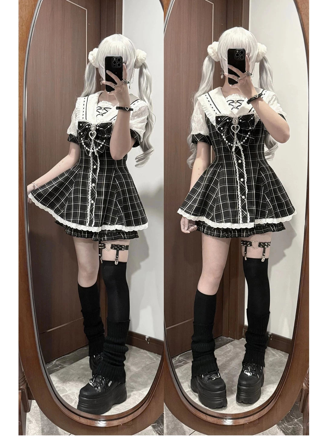 Black plaid short-sleeve dress set with white lace trim shown in mirror styling.