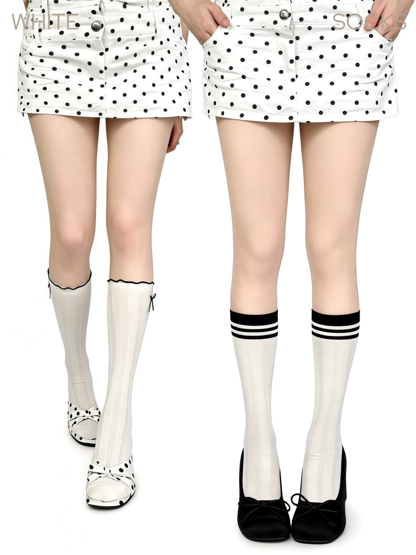 White Socks - Collegiate Stripe - Mid-Calf Socks with a Bow or Three-Stripe Cuff
