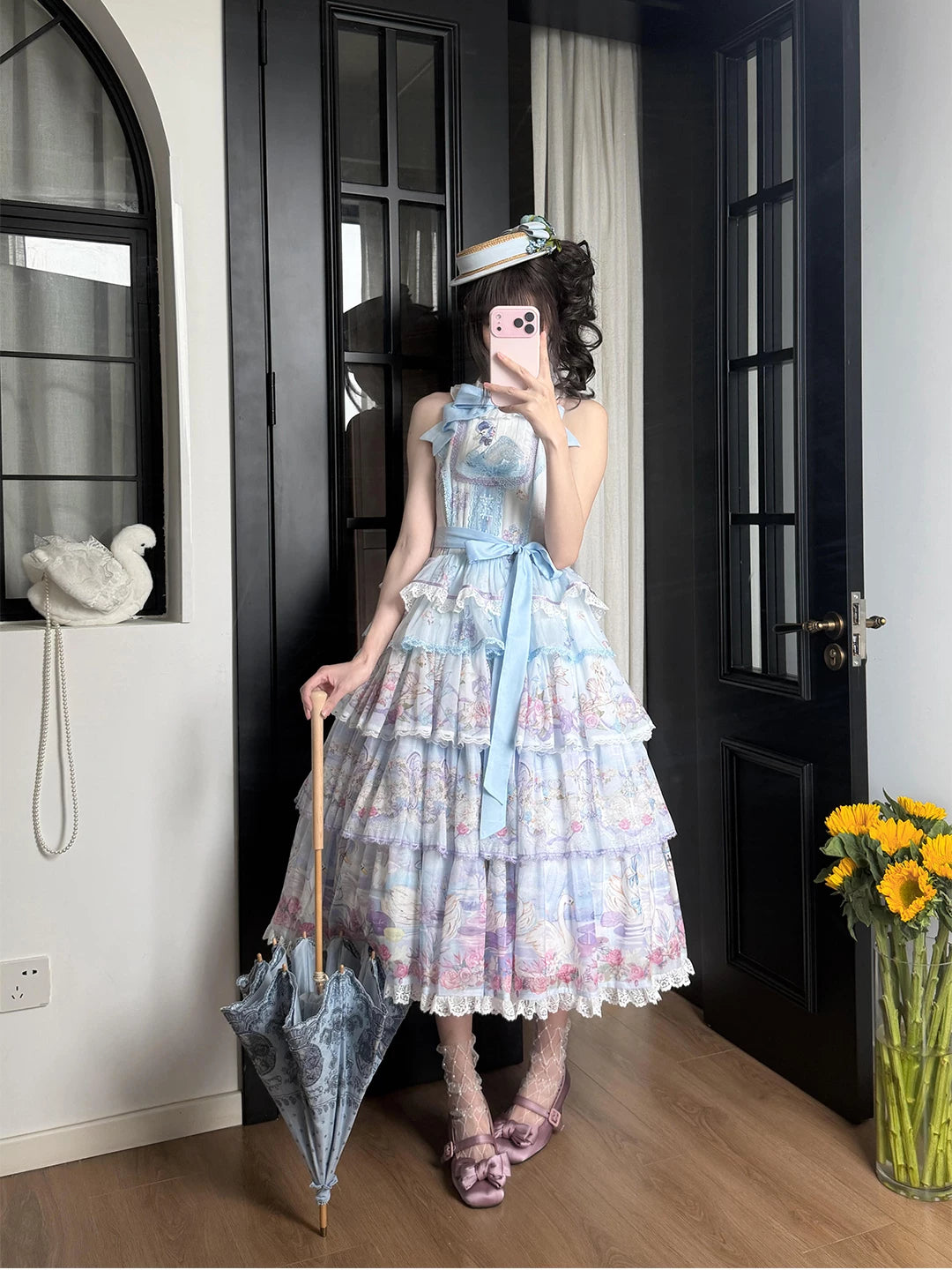 Creamy - Swan Garden - Blue JSK Dress Set with Tiered Swan Print