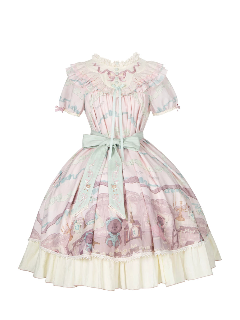 With PUJI - Brown Dollhouse SP - Kawaii Lolita Dollhouse Printed OP Dress with Embroidery detail view 5