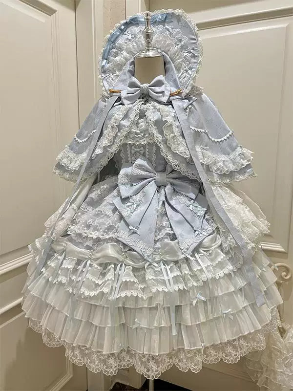 Creamy blue and white JSK set with bow, layered lace cape and full skirt