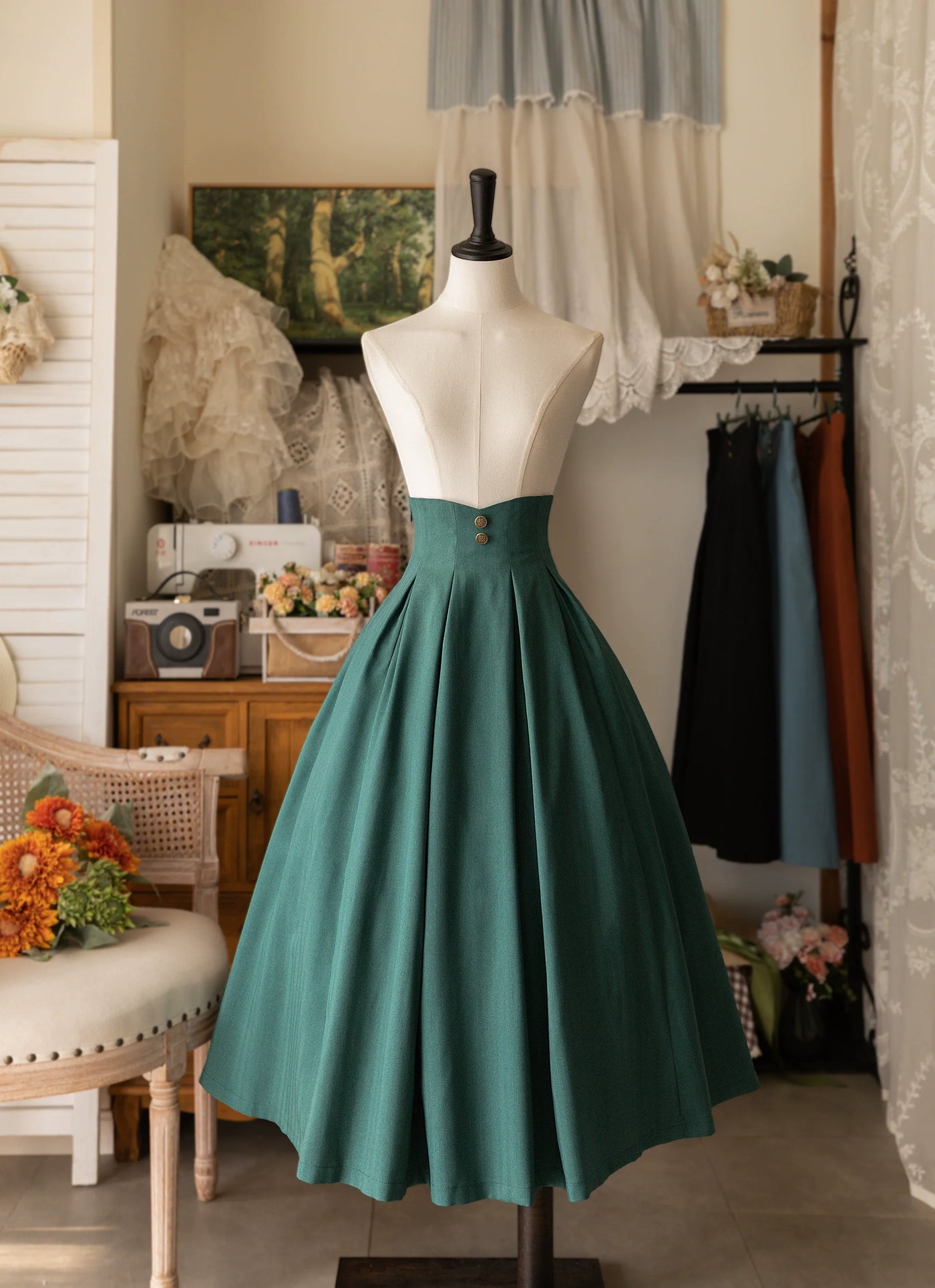 Forest basket - Classic Elegant Lolita SK Spring Autumn Versatile Skirt S Peacock Green