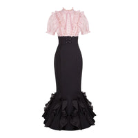 With PUJI - Miss Laura: Short-sleeve Mermaid - Lolita OP Dress, Boned Bodice Detail - Black-pink short sleeve dress, in stock / S