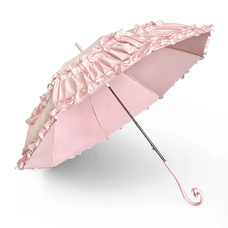 Independent Brand - Heart-Handle Ruffle - Lolita umbrella with layered ruffle trim
