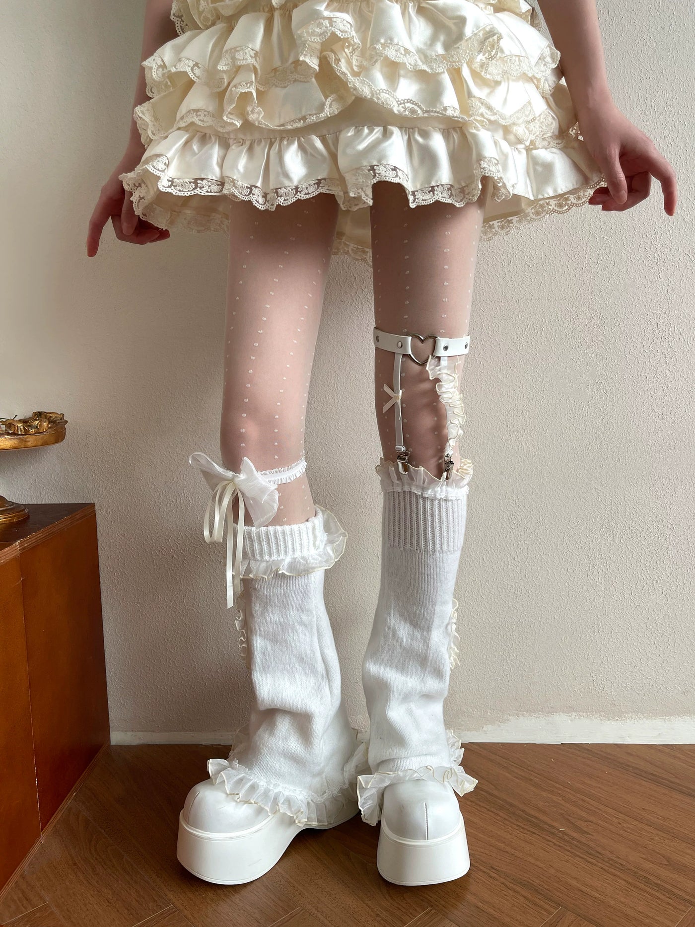 Sock Noble - Cream Ruffle Layers - Dotted Tights, Sock Cover and Bow Leg Ring Options with Ruffled Lace Details