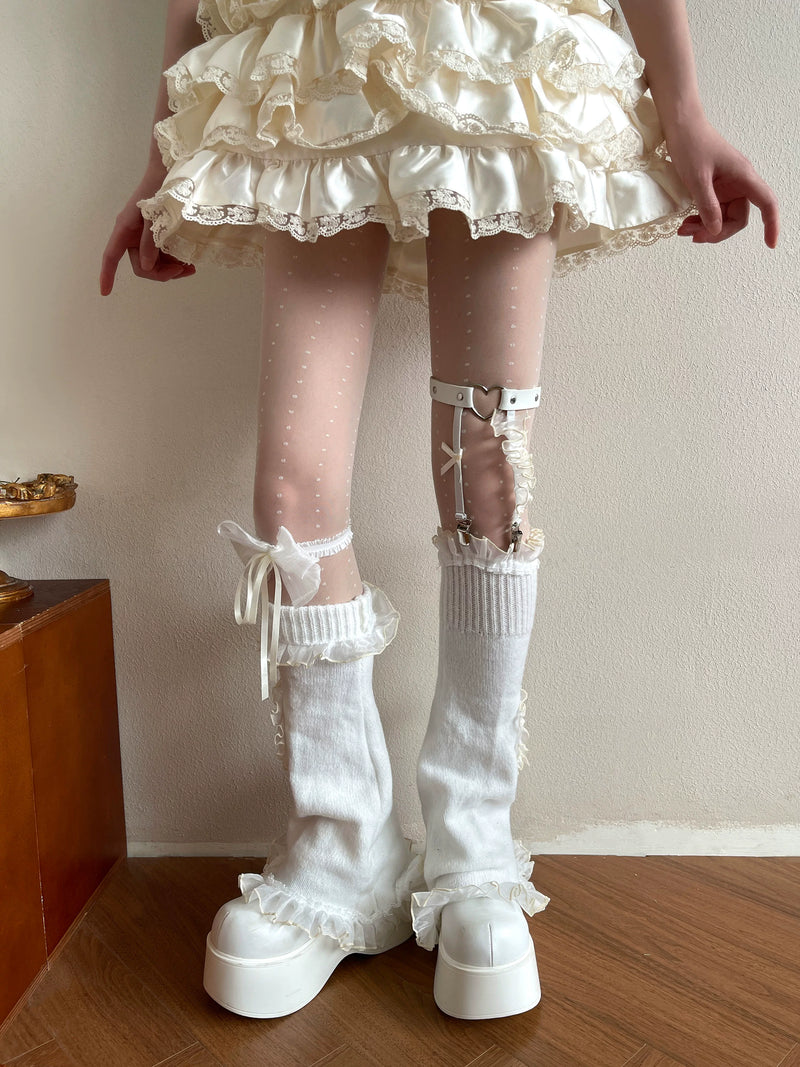 Sock Noble - Cream Ruffle Layers - Dotted Tights, Sock Cover and Bow Leg Ring Options with Ruffled Lace Details