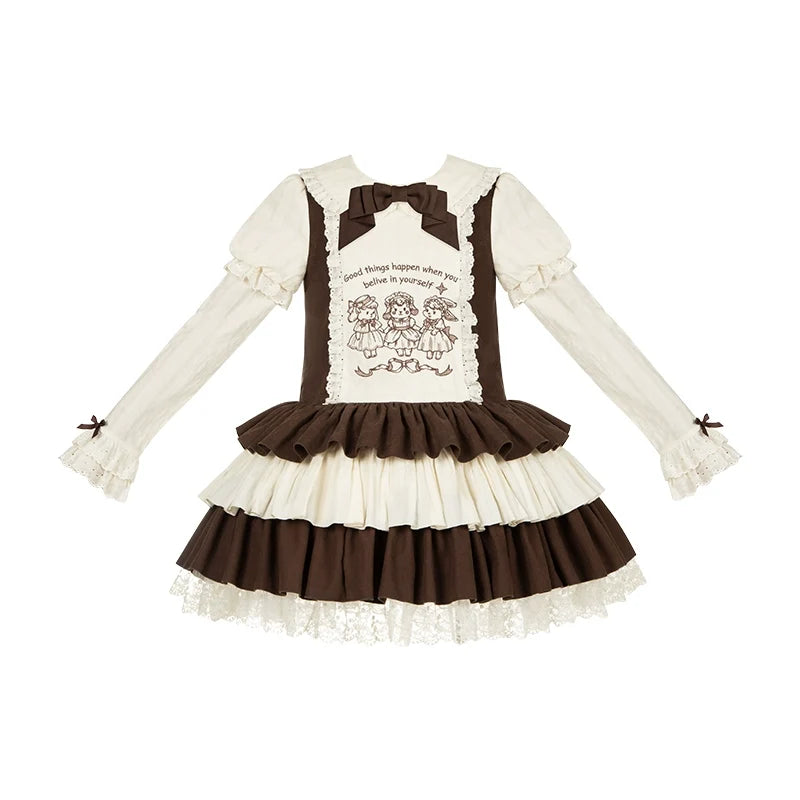 With PUJI - Sugar Frost Tale - Kawaii Lolita OP Button Closure Dress, Lamb & Bunny Embroidery Short OP + Bow Brooch S