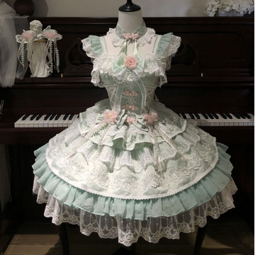 Lady Han Peach Rain Chinese Sweet JSK Dress by Lolita Fetch, featuring a pastel peach rain theme with floral and lace details.