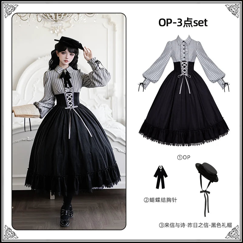 With PUJI - Dusk Moment - Classic Lolita Striped OP & Mermaid Dress Set, Fishbone Waist detail view 10