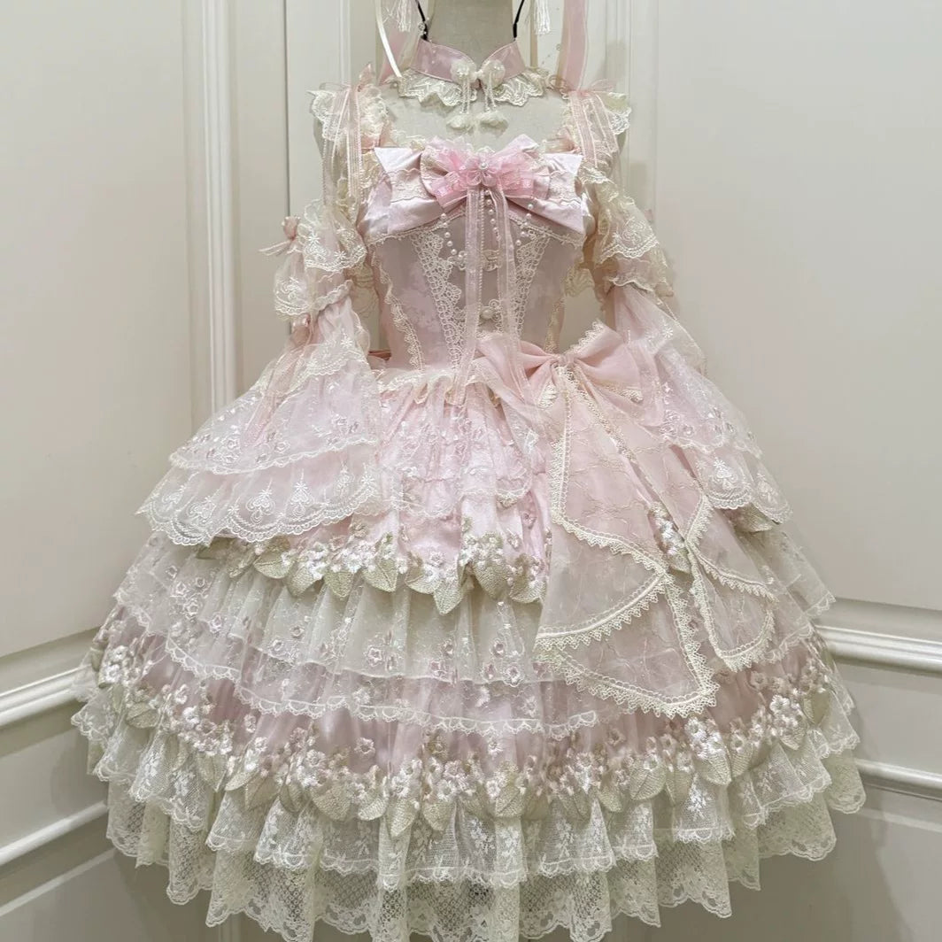 Lady Han Flower Rain Chinese JSK Dress by Lolita Fetch featuring a floral rain pattern on elegant silk fabric.