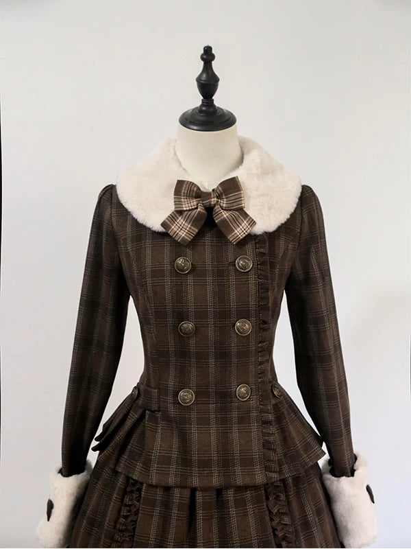 Creamy - Warm Brown Plaid - Coat and Skirt Set with a Fluffy Collar
