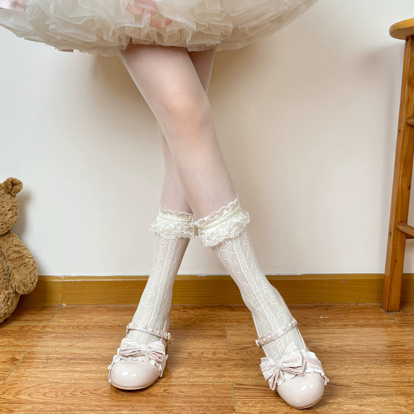 Chubby Bear Tales - Openwork Bow - Thin Mid-Calf Lace Socks with Bow Detail