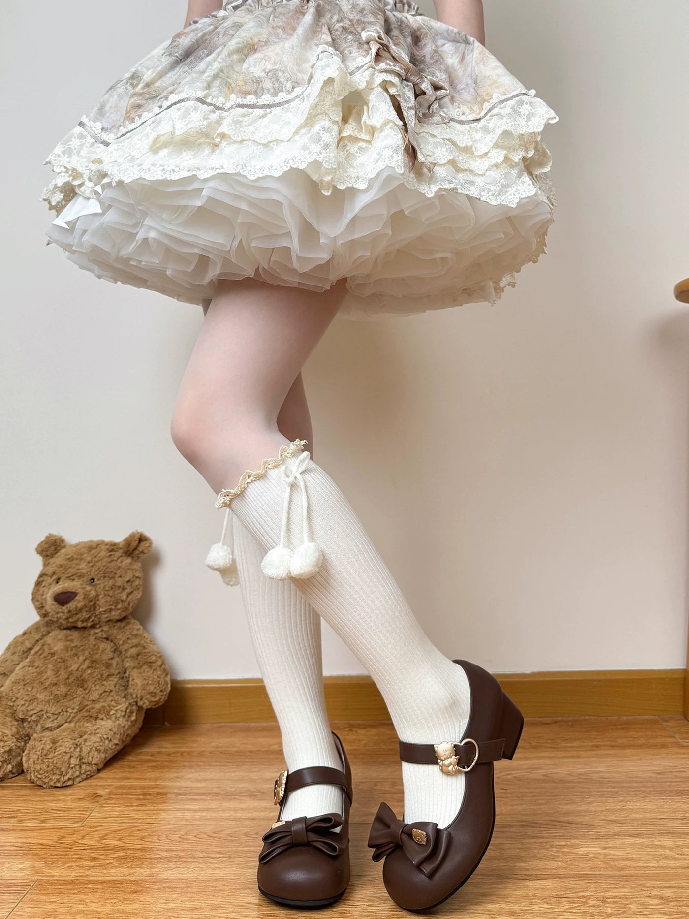 Chubby Bear Tales - Winter Pom-Pom Scrunch Socks - Mid-Calf Socks with Lace Cuffs