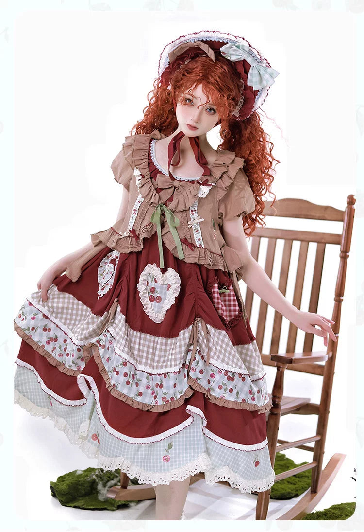Baozi Pig - Cherry Pastoral - Red OP Dress with Cherry Print