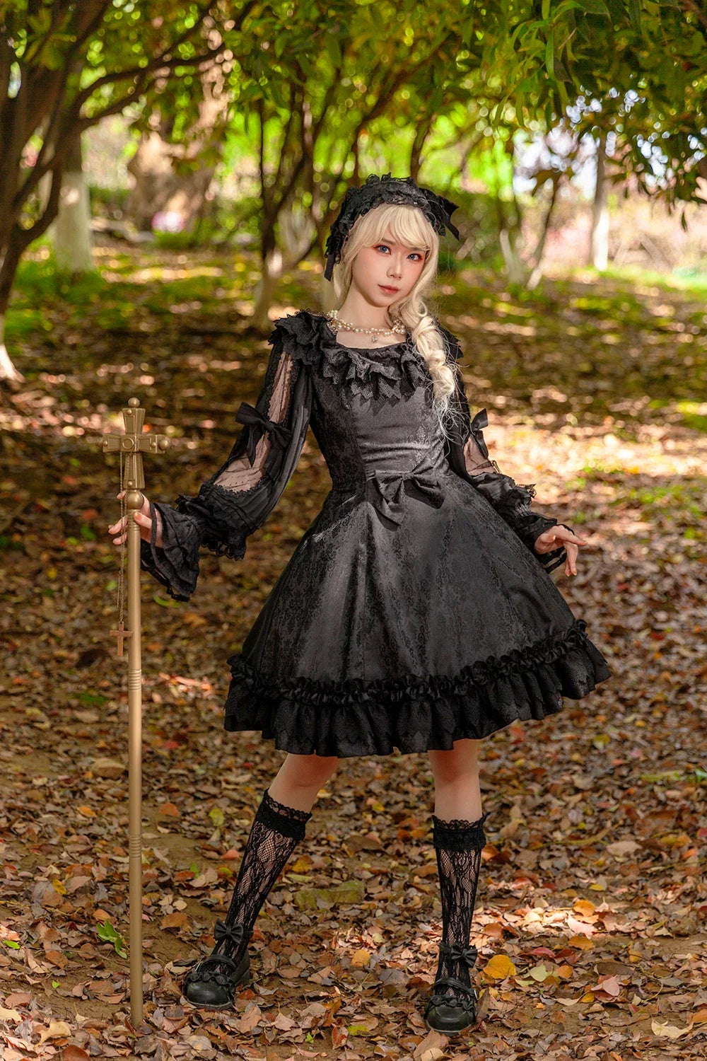 Infanta - Canon Of Floral Melody - Gothic Lolita Black JSK Dress, Jacquard Pattern