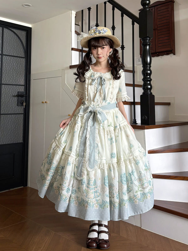 White Tea Story Sweet Lolita tea party OP dress with floral print, worn with matching bonnet and accessories