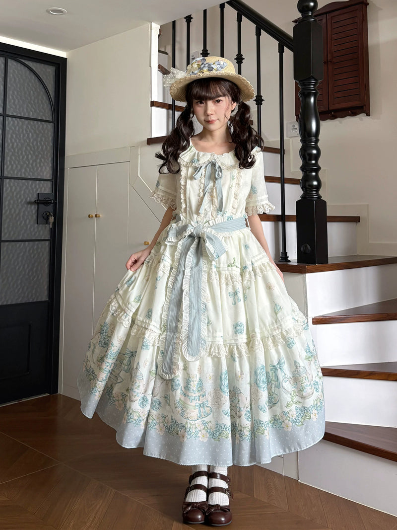 White Tea Story - Sweet Lolita Tea Party OP - Short-sleeve floral