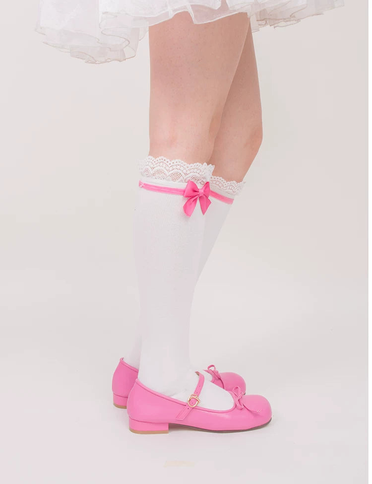 roji roji - Doll Bow Lace - Black or Pink Lace-Trimmed Socks in Three Lengths