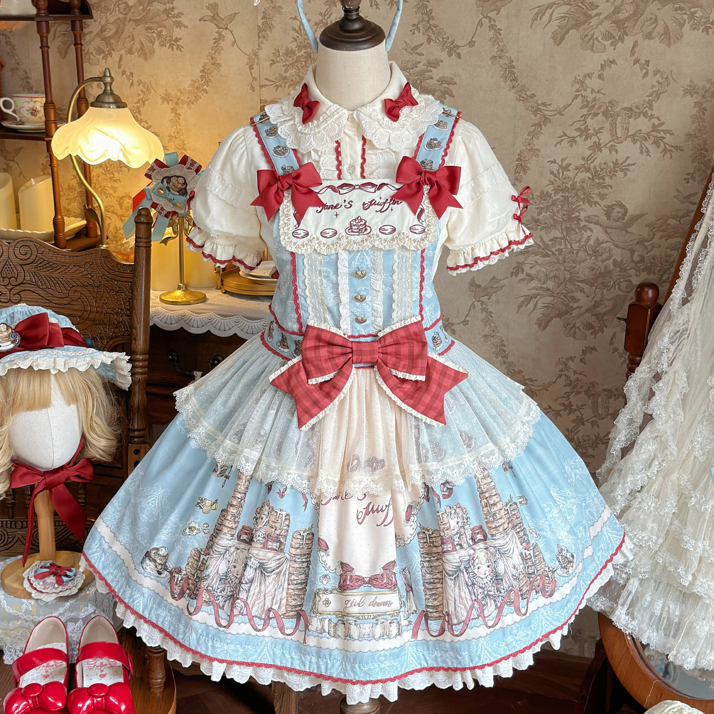 DayRabbit - Muffin Postman - Blue or Beige OP and Pinafore Dresses with Detachable Bows