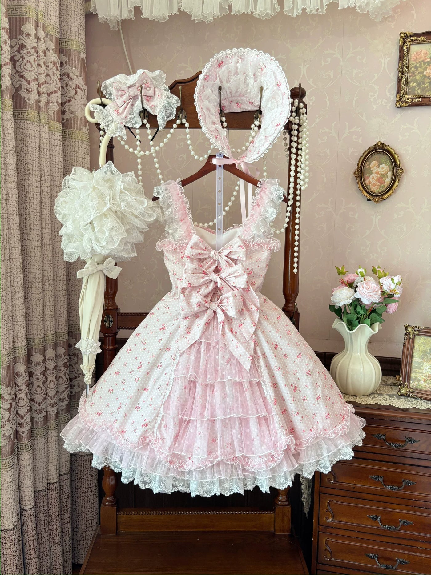Strawberry Sweetie Bear - Spring Bud - Old School Lolita Floral Print JSK Dress, Layered Skirt
