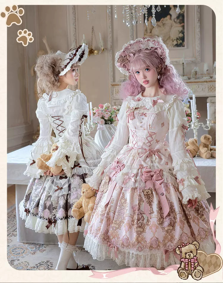 OCELOT - Antique Teddy Bear - Classic Lolita Printed JSK Dress with Ribbon Bows