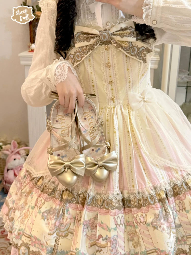 Sheep Puff Starry Dream Lolita heels with starry embellishments and a pastel pink color, featuring a cute, feminine design.