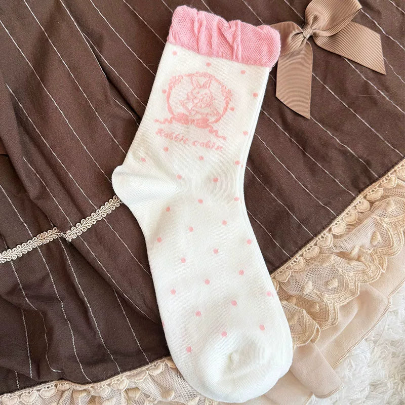 Milky Star Qiaoqiao - Rabbit Cabin - Ruffled Short Socks with a Rabbit Print