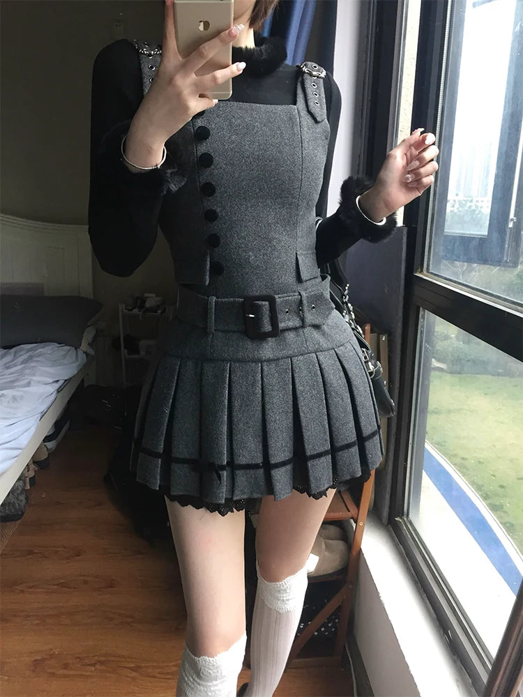 With PUJI - Grey - Classic Lolita Outfit Set, Adjustable Straps detail view 3