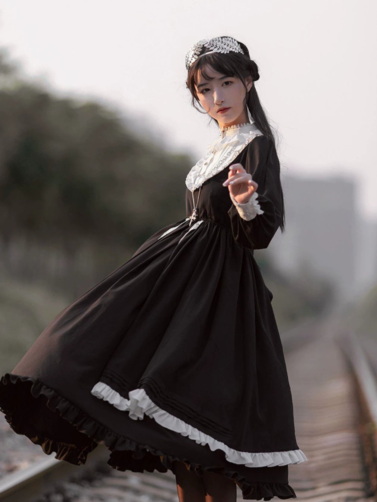 Sweetheart Dream Machine - Guiwu - Black OP Dress with White Lace Trim