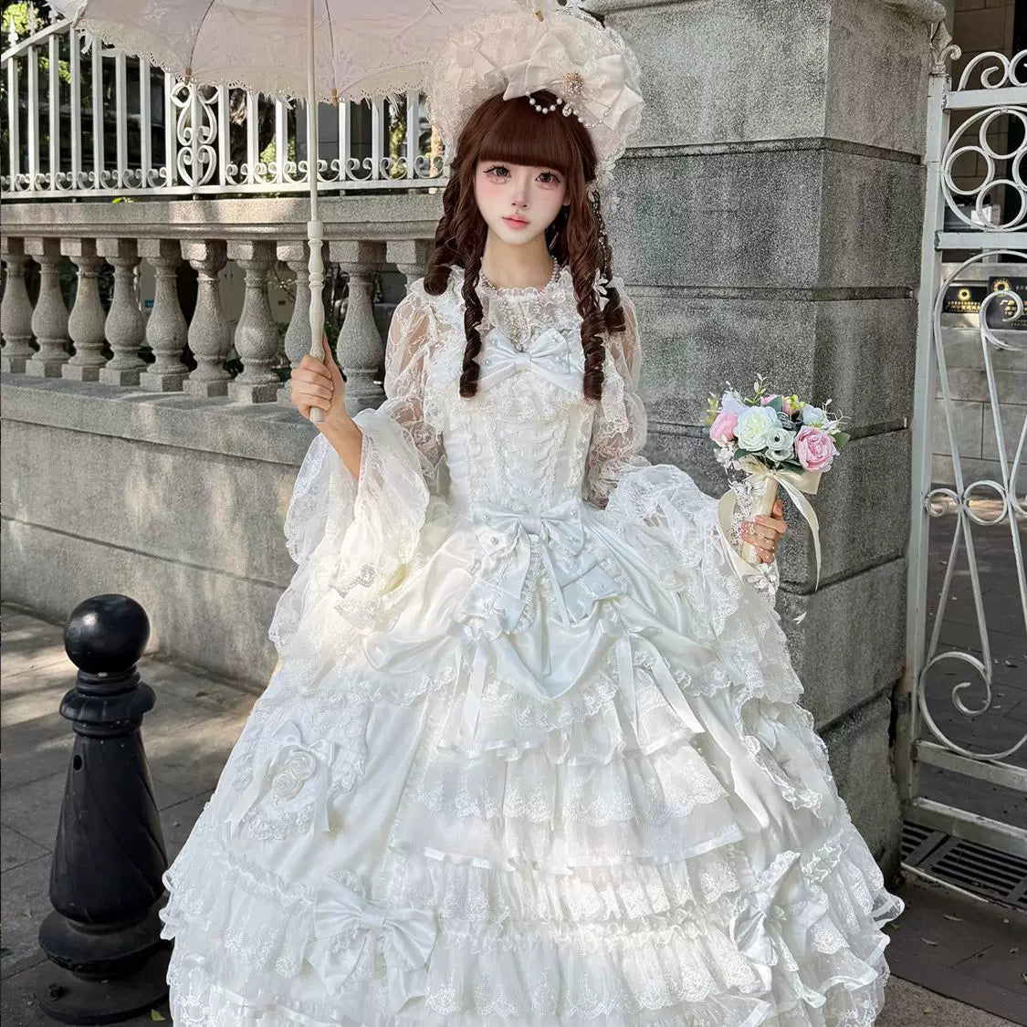 Lady Han Bridal Sweet JSK dress from Lolita Fetch featuring elegant curtain poem embroidery and a classic lolita silhouette.
