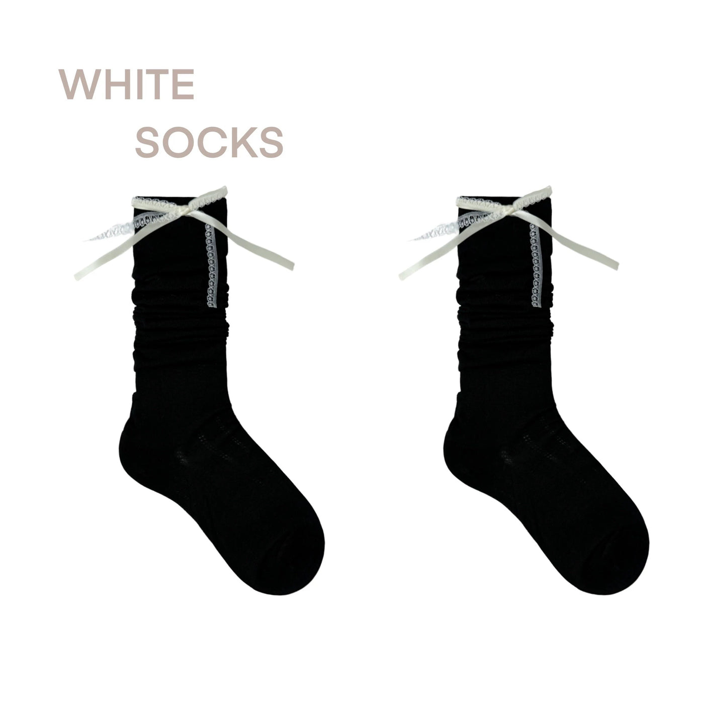 White Socks - Ballet Lace Slouch Socks - Long Socks with Lace Trim and Bow Details