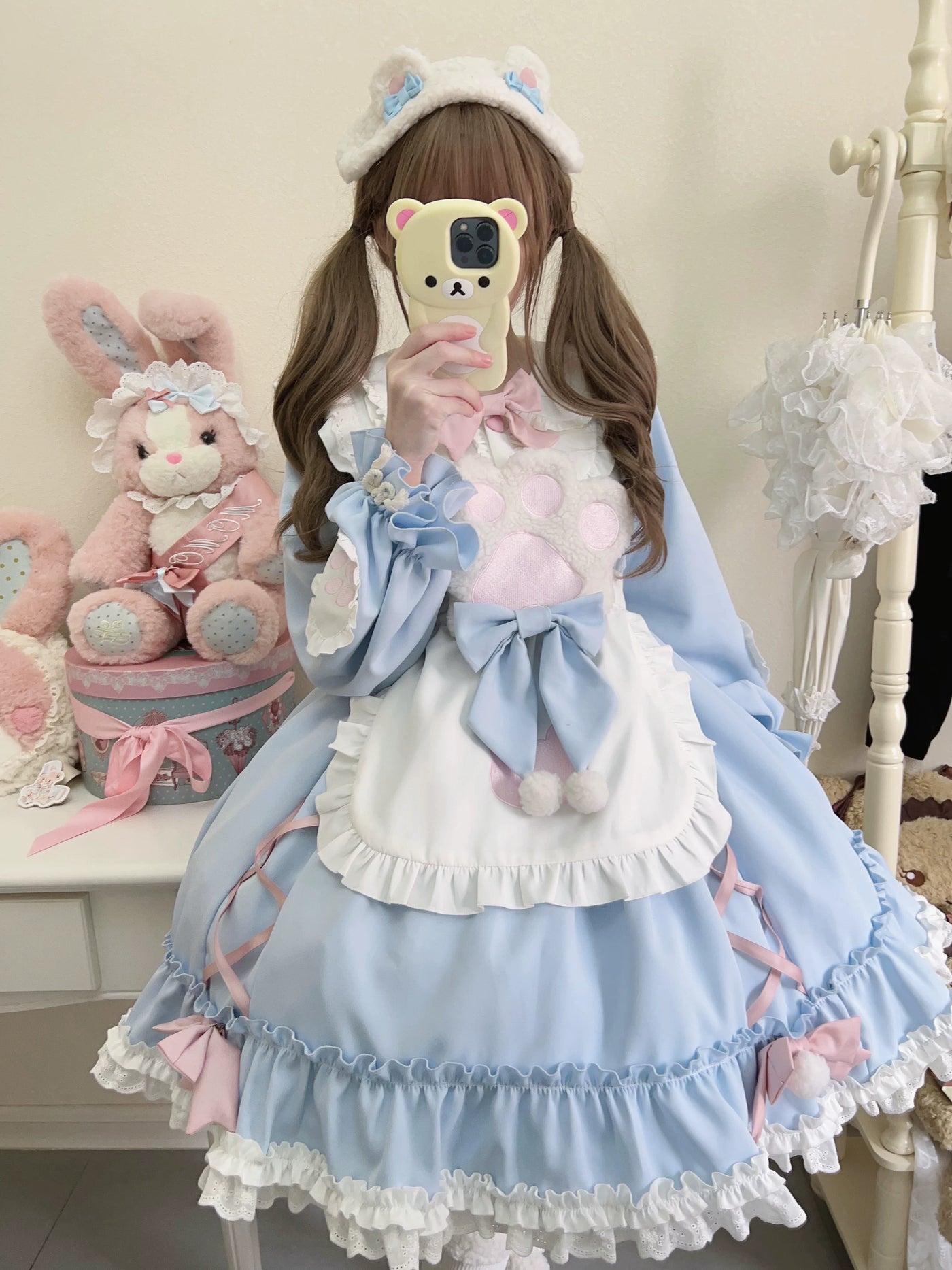 Tata Long Ear - Meow Meow - Blue OP Dress with a Ruffled Apron