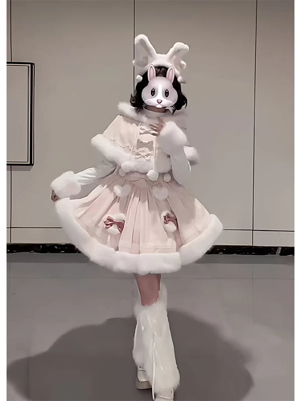 Creamy - Bunny Cloud - Pink outerwear and dress set with plush pom-pom trim