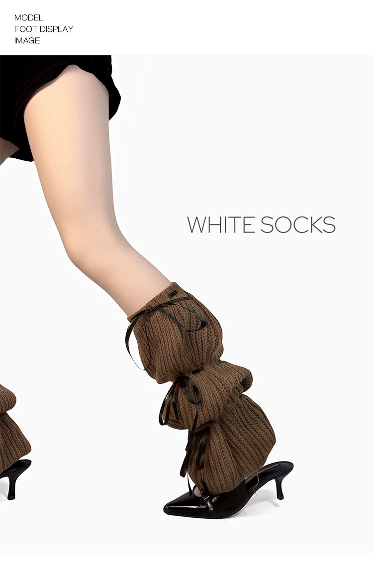 White Socks - Ribbon-Tie Knit - Gathered Calf Leg Warmers with Black Ribbon Ties