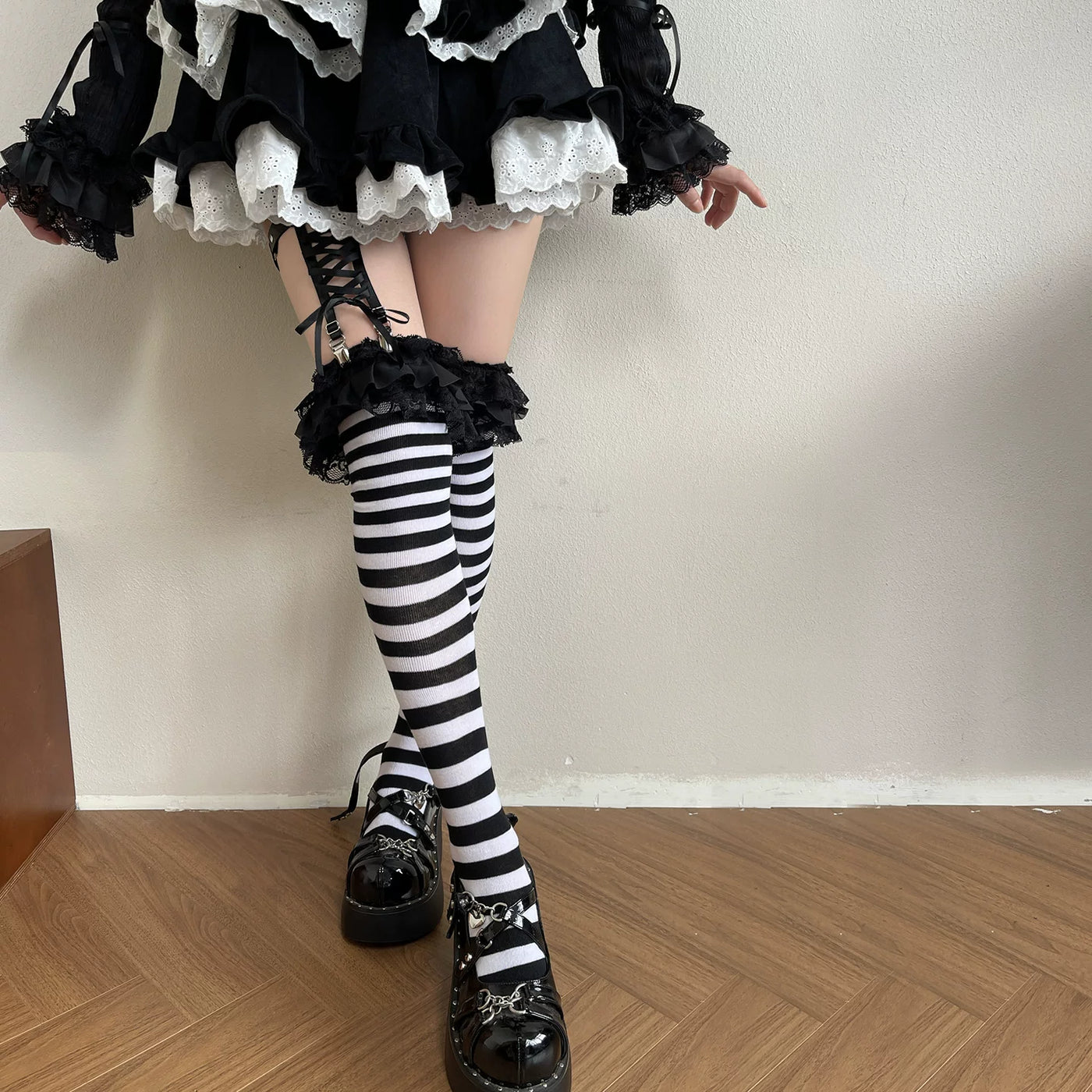 Sock Noble - Gothic Stripe - Black-and-White Over-the-knee Socks with a Clip Ring Variant