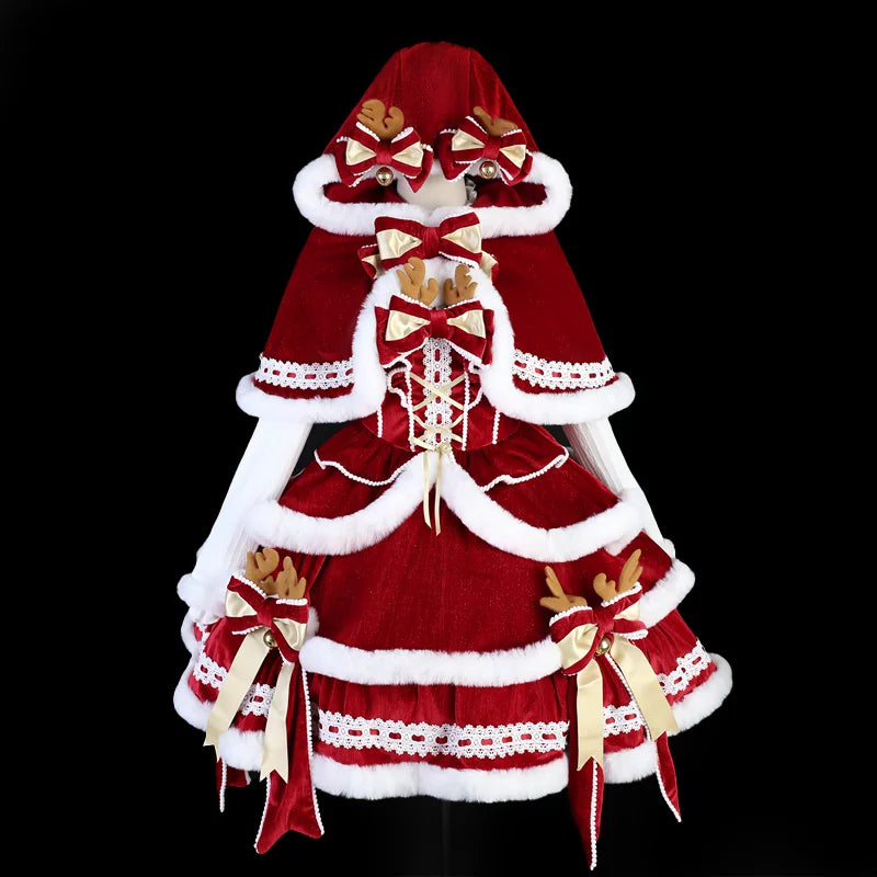 Christmas Symphony Antler Hooded Cape & Dress Options — Cape + Top + JSK with Bow - Dry Clean