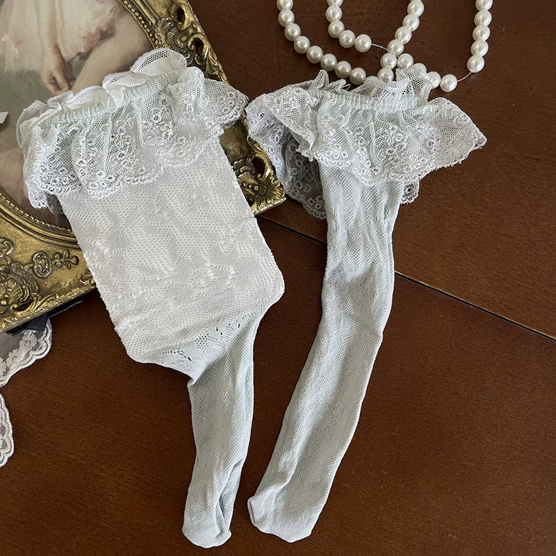 Sock Noble - Grey Layering - Mid-Calf Layered Legwear with Lace Trim and a Leg Ring
