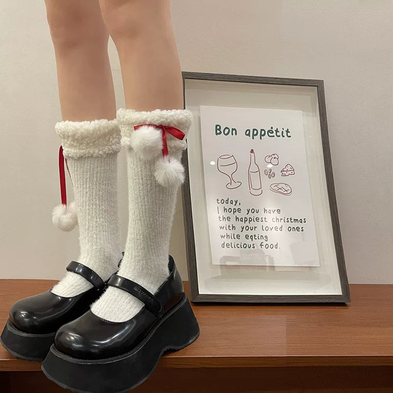 Sock Noble - Christmas Ribbon Slouch - Long Mid-Calf Socks with Fuzzy Cuffs