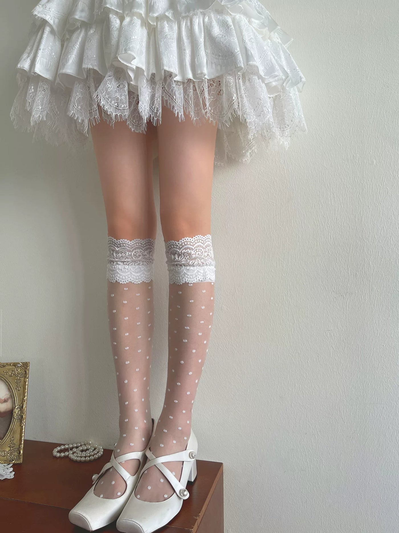 Sock Noble - Fresh Polka Dot - Lace-Trimmed Polka-Dot Mid-Calf Socks