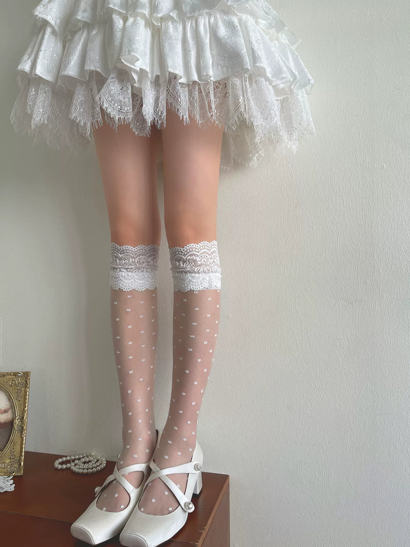 Sock Noble - Fresh Polka Dot - Lace-Trimmed Polka-Dot Mid-Calf Socks