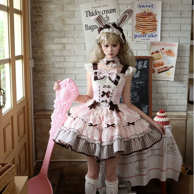 Green Sweet Lolita JSK with lace trim and tiered ruffled skirt on mannequin