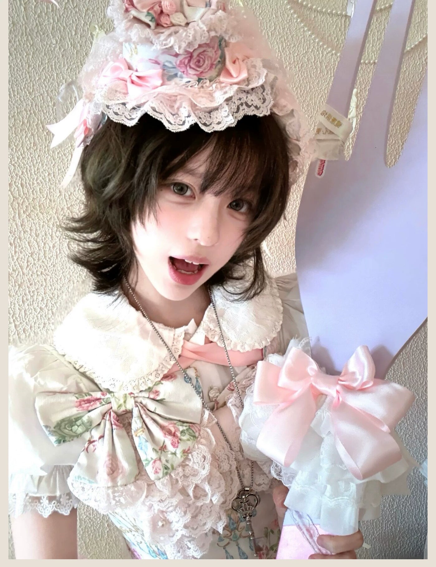 Tata Long Ear - Spring 2025 Floral Wall - Floral Print JSK Dress with Layered Lace Ruffles