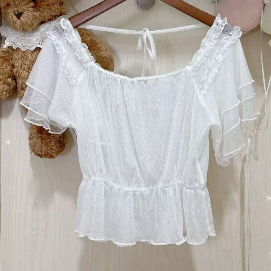 Sweetheart Dream Machine - Flutter Mesh - Sheer Mesh Inner Top with Short Flutter Sleeves
