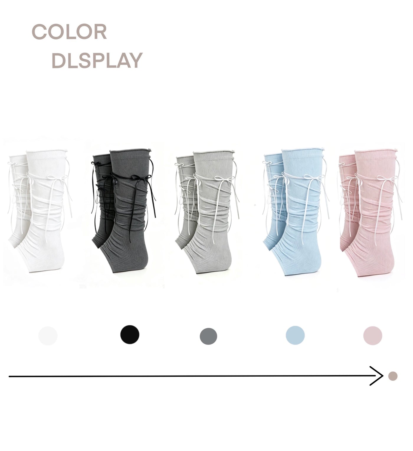 White Socks ruched calf socks with ribbon ties in light gray, white, dark gray, light blue and pink