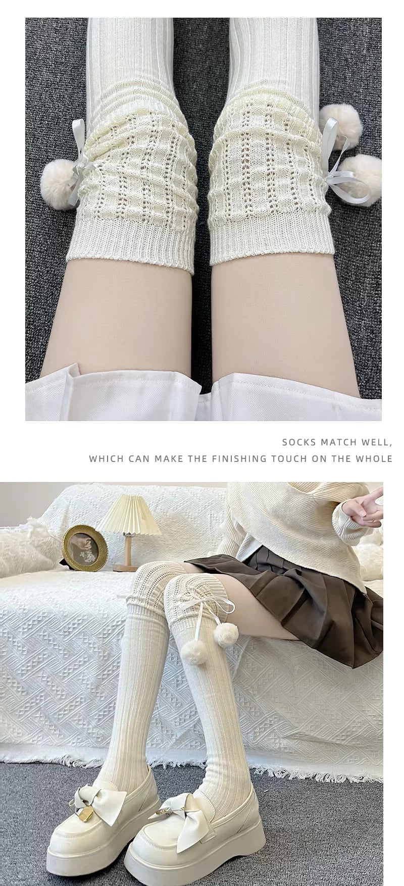 Floral Milk Cat - Pom-Pom Rib - Ribbed Thigh-High Socks with Side Pom-Poms